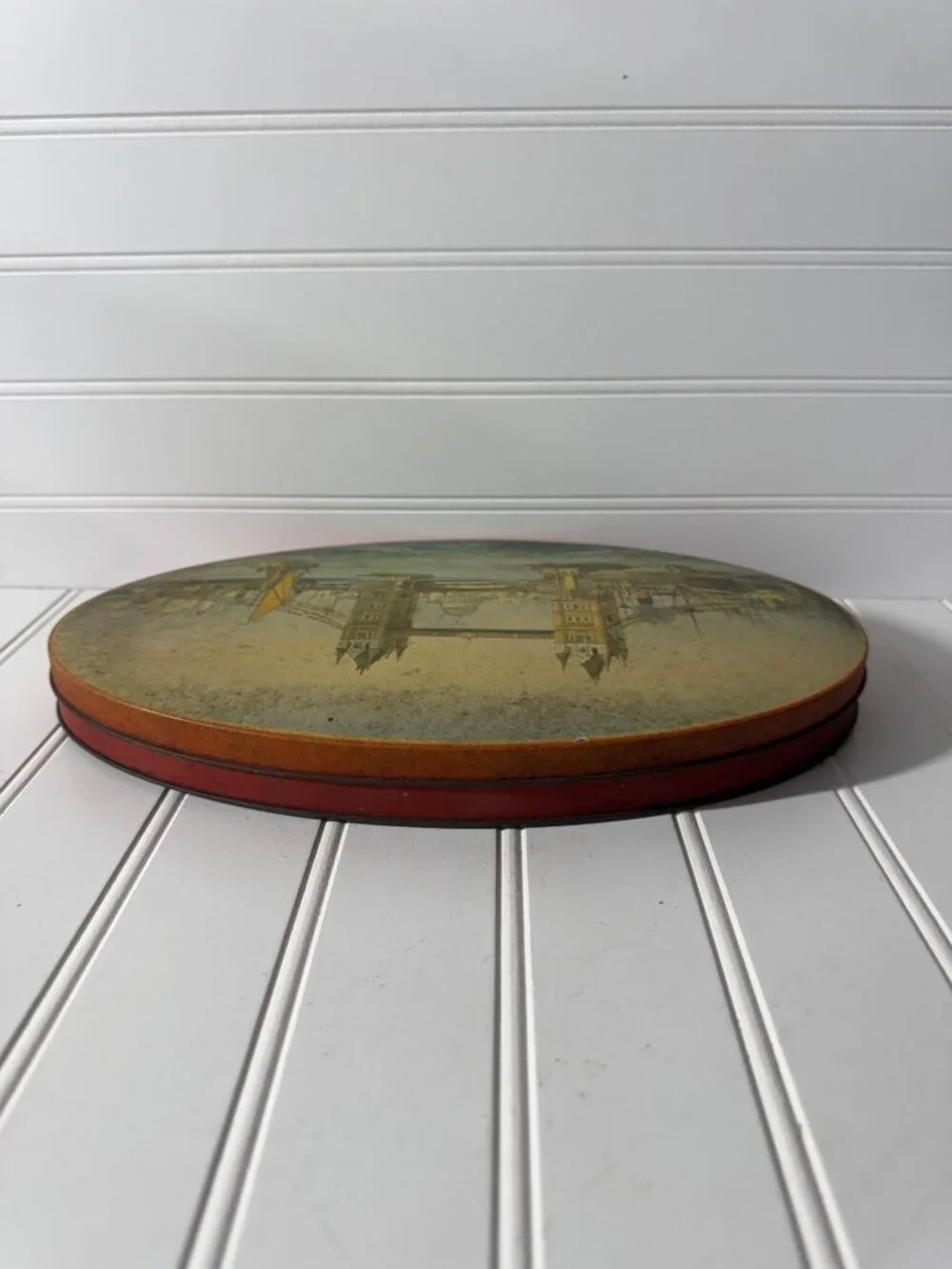 Vintage Tin Tower Bridge London Illustration  Decorative Oval Design England Dec
